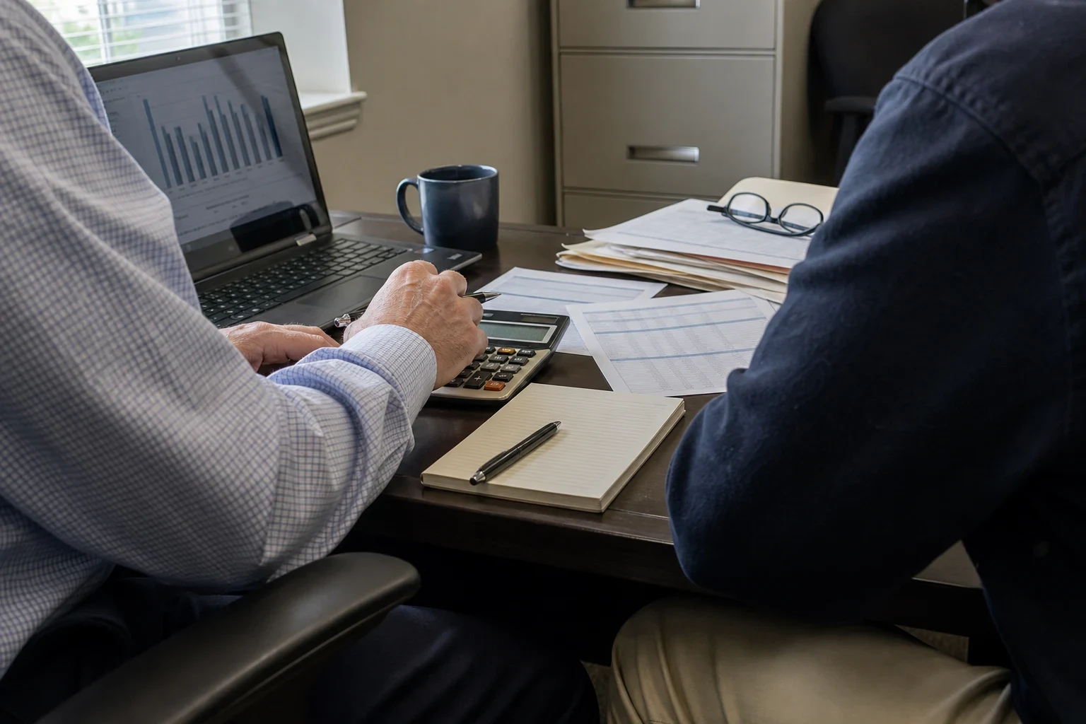 Two men at an office desk reviewing printed statements, one using a calculator beside a laptop with a bar chart, notepad, pen, mug and filing cabinet nearby