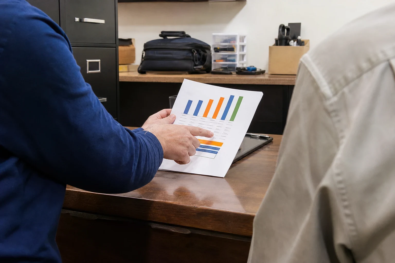 Agent in a blue shirt points to a printed bar chart on a wooden desk in a small back office, with a client in a tan shirt seated beside him