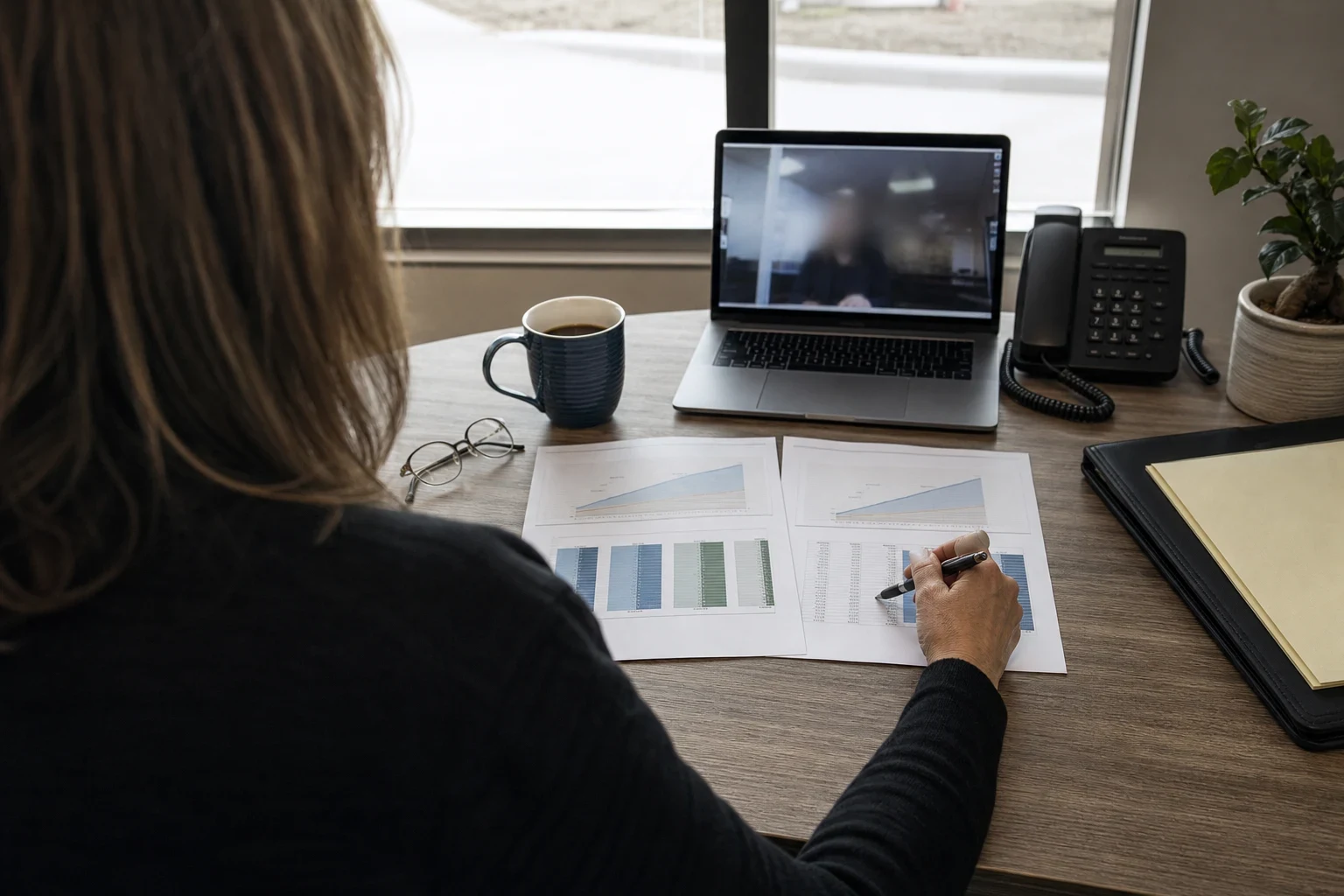 Over-the-shoulder view of a woman at an office desk reviewing two printed charts with a pen, beside a laptop video call, coffee mug, reading glasses and desk phone